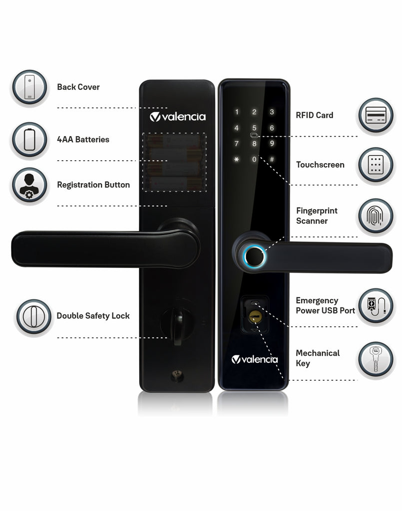 Bella Smart Door lock with Fingerprint, RFID, PIN Access, Black